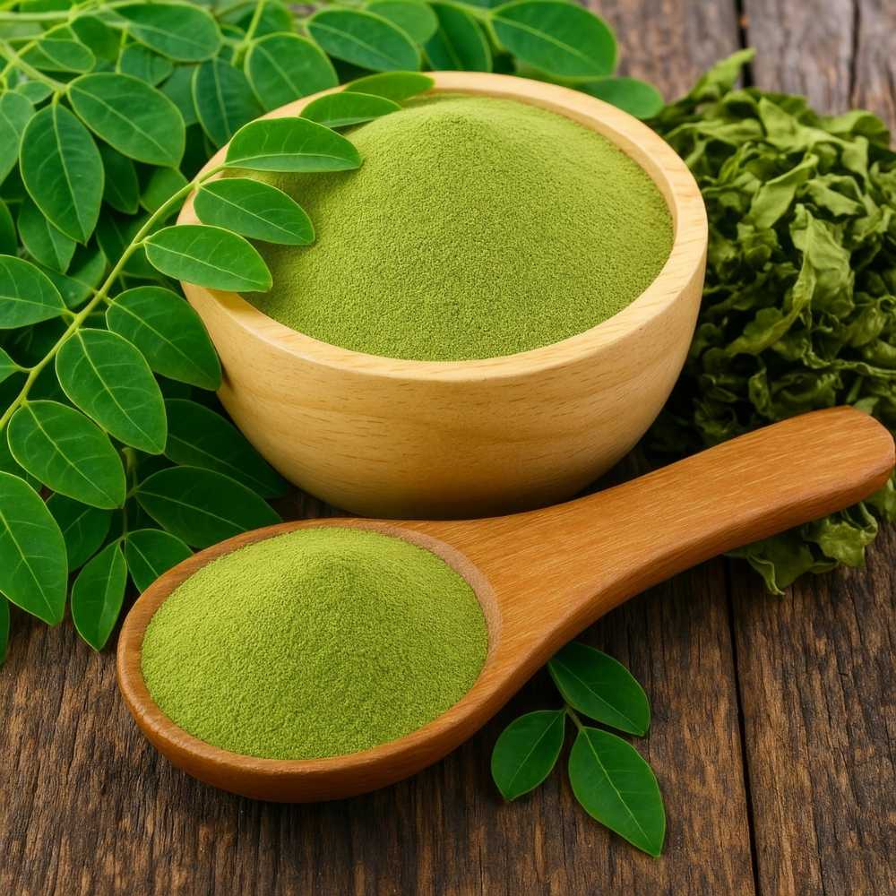 Premium moringa powder made from carefully dried leaves, rich in nutrients and ideal for food, nutraceutical, and wellness applications.